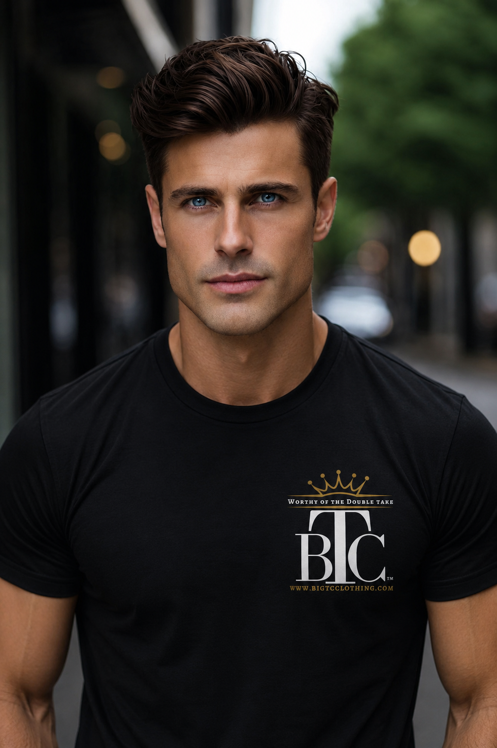 Man in BTC tee on the street